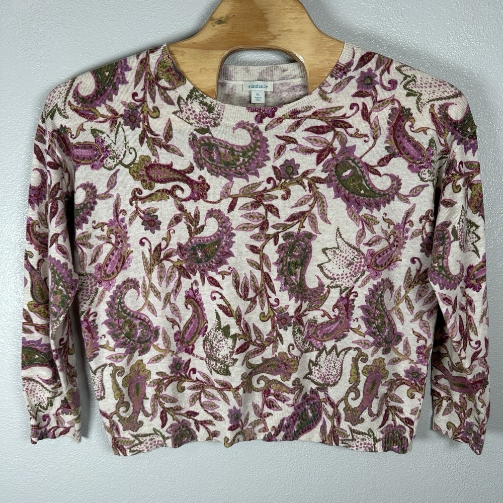 Sundance Purple Green Paisley Crew Neck Wool Blend Lightweight Sweater Size XL